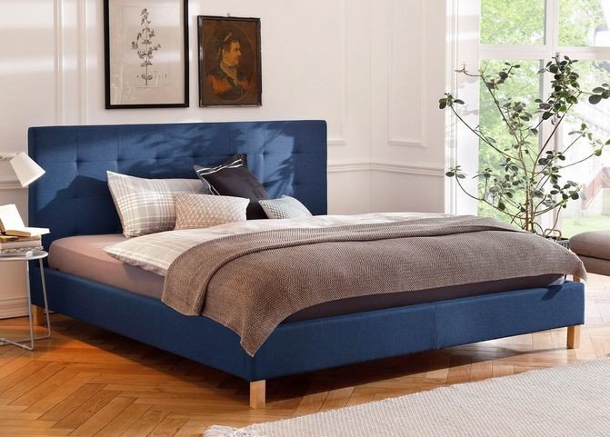 Pellworm Home Affaire upholstered bed, wood/fabric, dark blue/natural, 140 x 200 cm