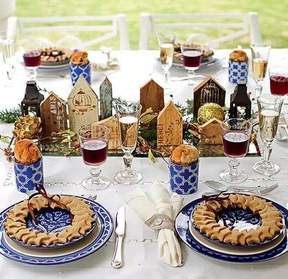 Blue and wooden decorations at Christmas