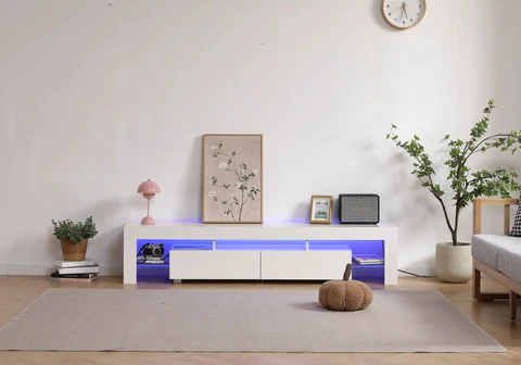 Elegant and modern design of the SALA white LED TV stand