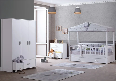 Gray Montessori children's bedroom with containers
