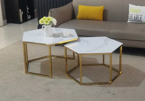 Golden stackable coffee tables with beige marble LYNA New Design