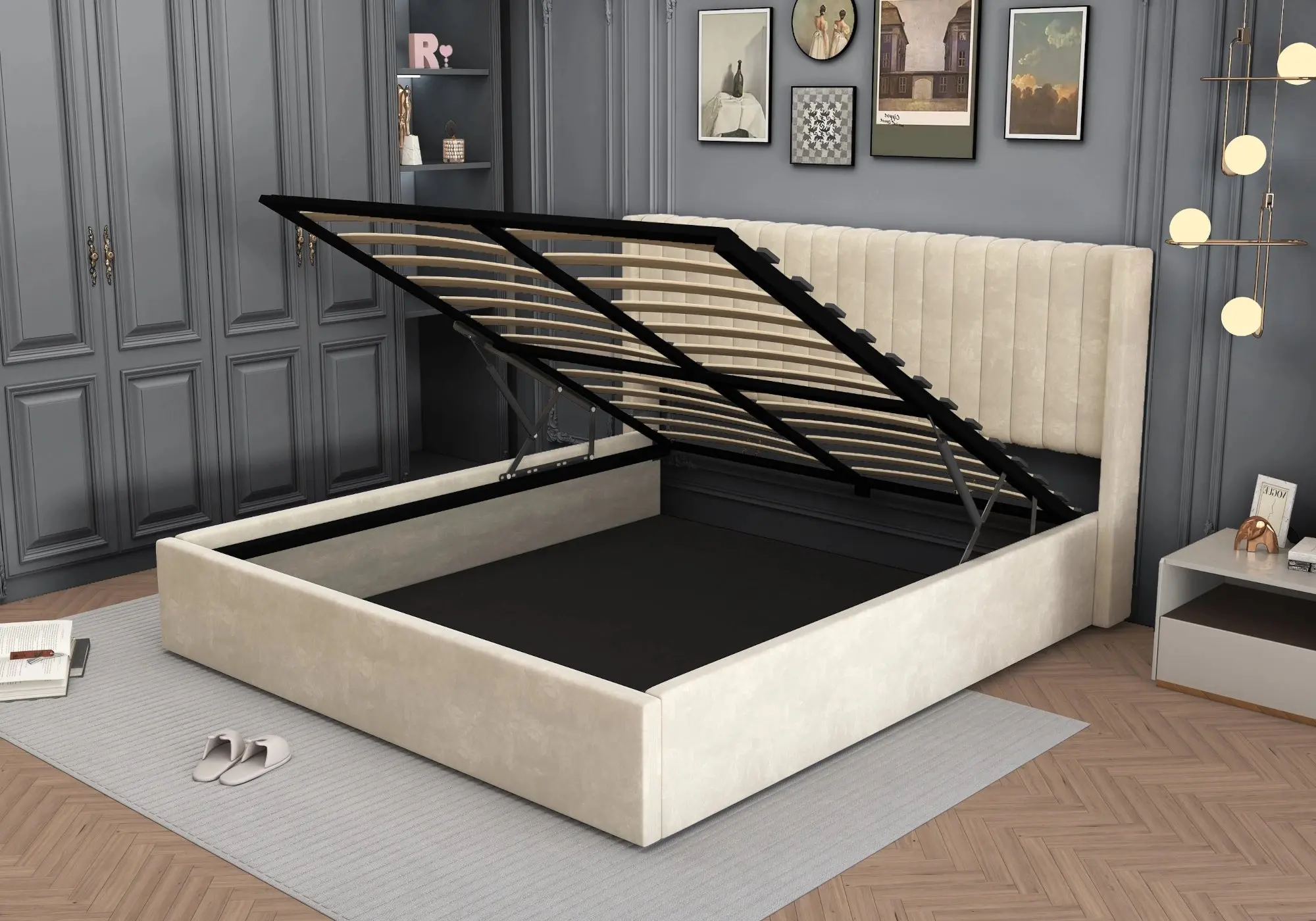 LOVA New Design gray velvet storage bed