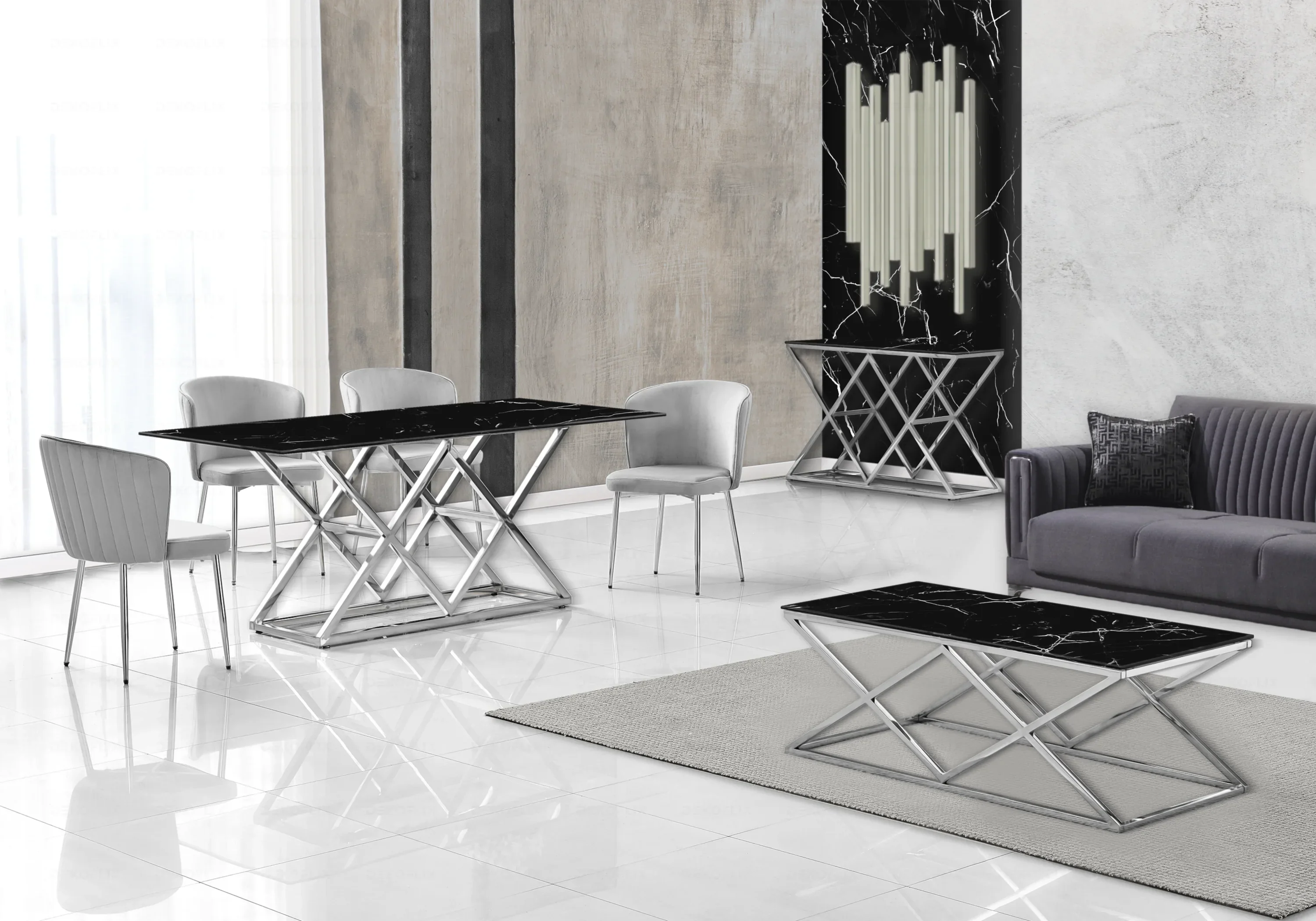 Black marble table and ERLY gray chrome velvet chairs