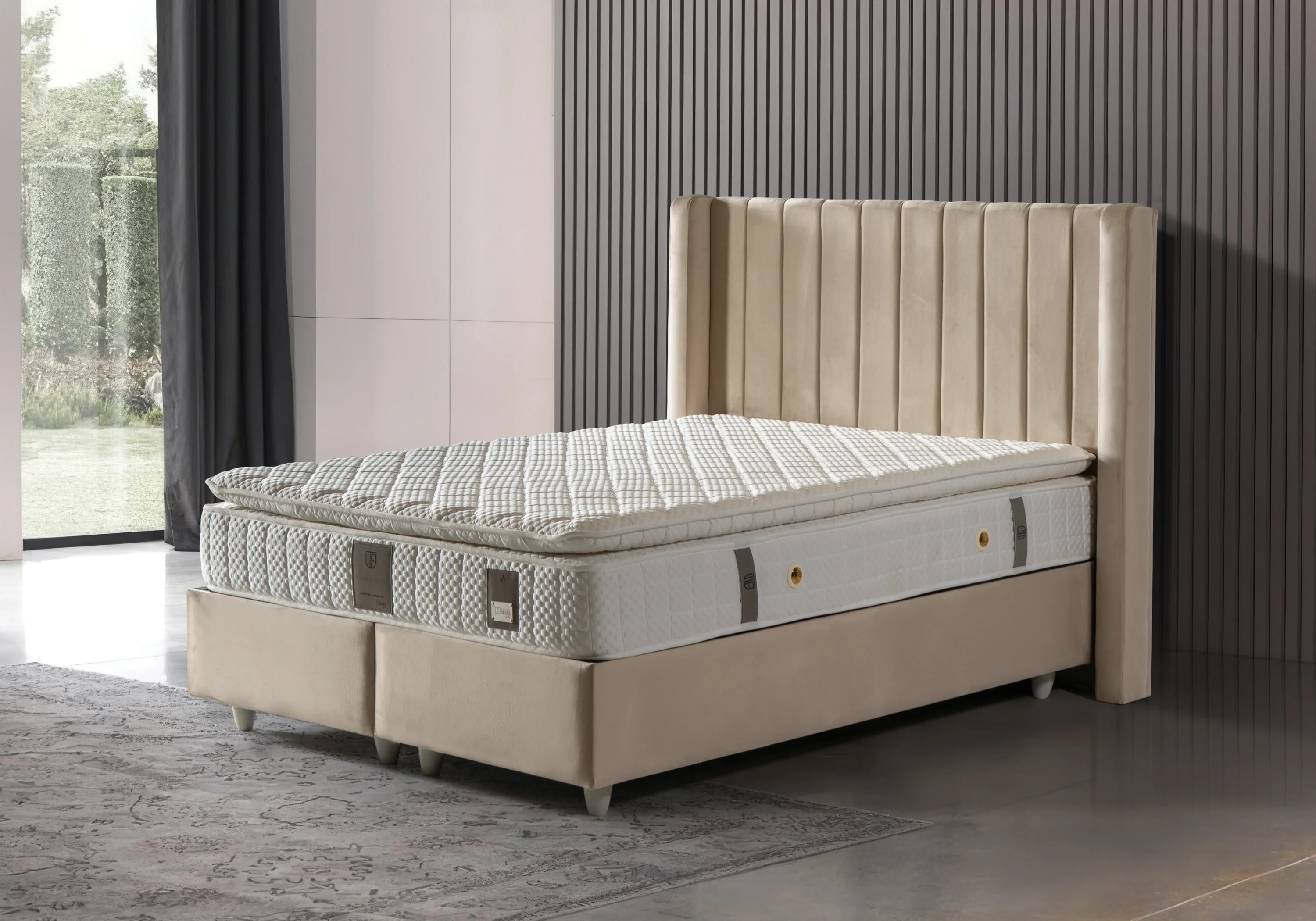 Beige Velvet Complete Turkish Bed Storage Box - TOKYO