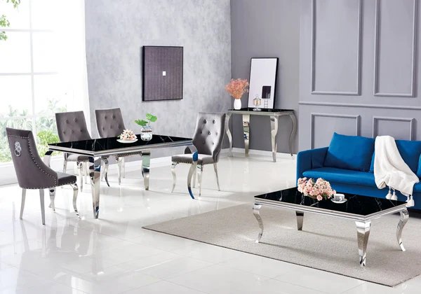 NEO New Design table and chair set in black silver marble