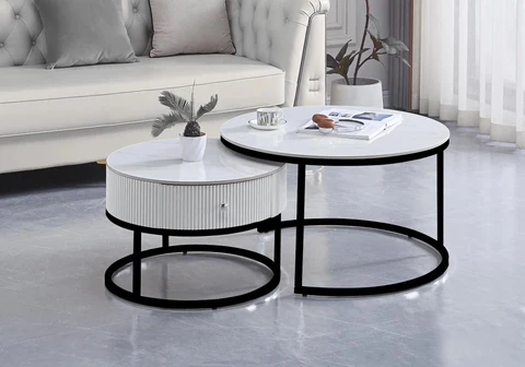 Elegant stackable coffee tables in white marble ceramic OREA