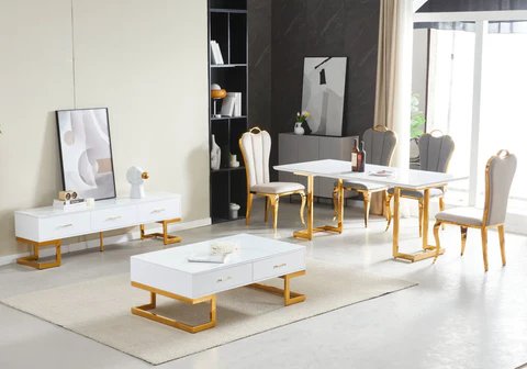 ODEL New Design White Marble Ceramic Golden Dining Table