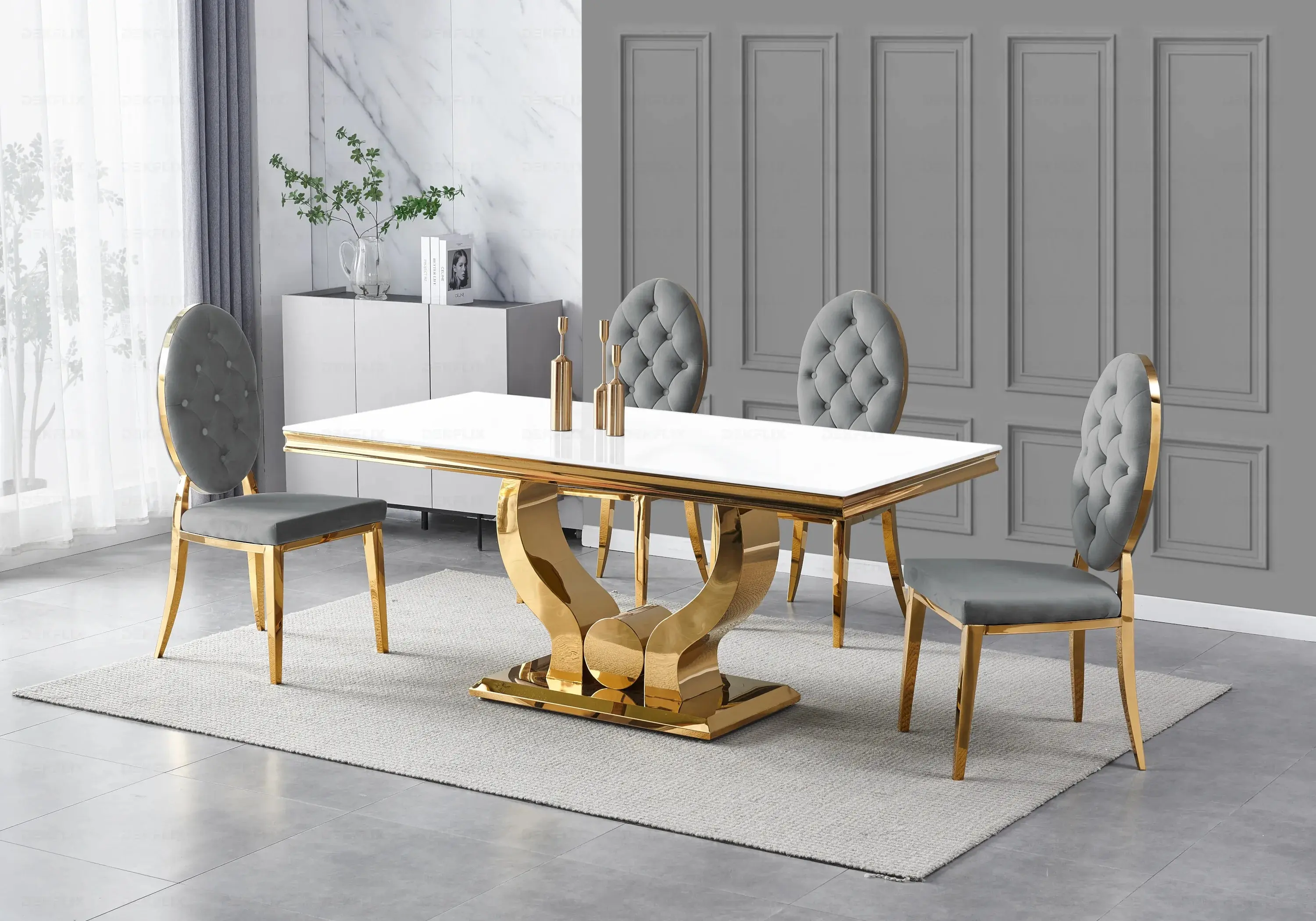 NEA New Design white glass table and gold gray upholstered chairs