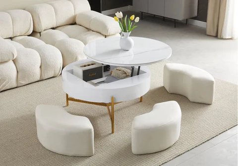 Golden pouf coffee table with white marble ceramic VÉGA New Design