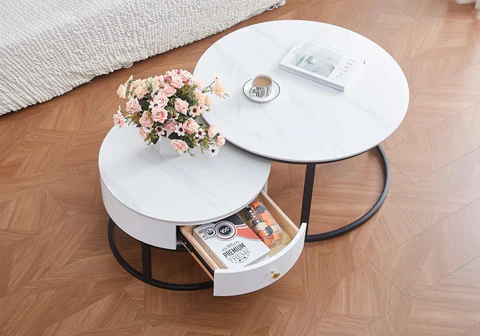 OREA New Design round stackable coffee tables in black white marble