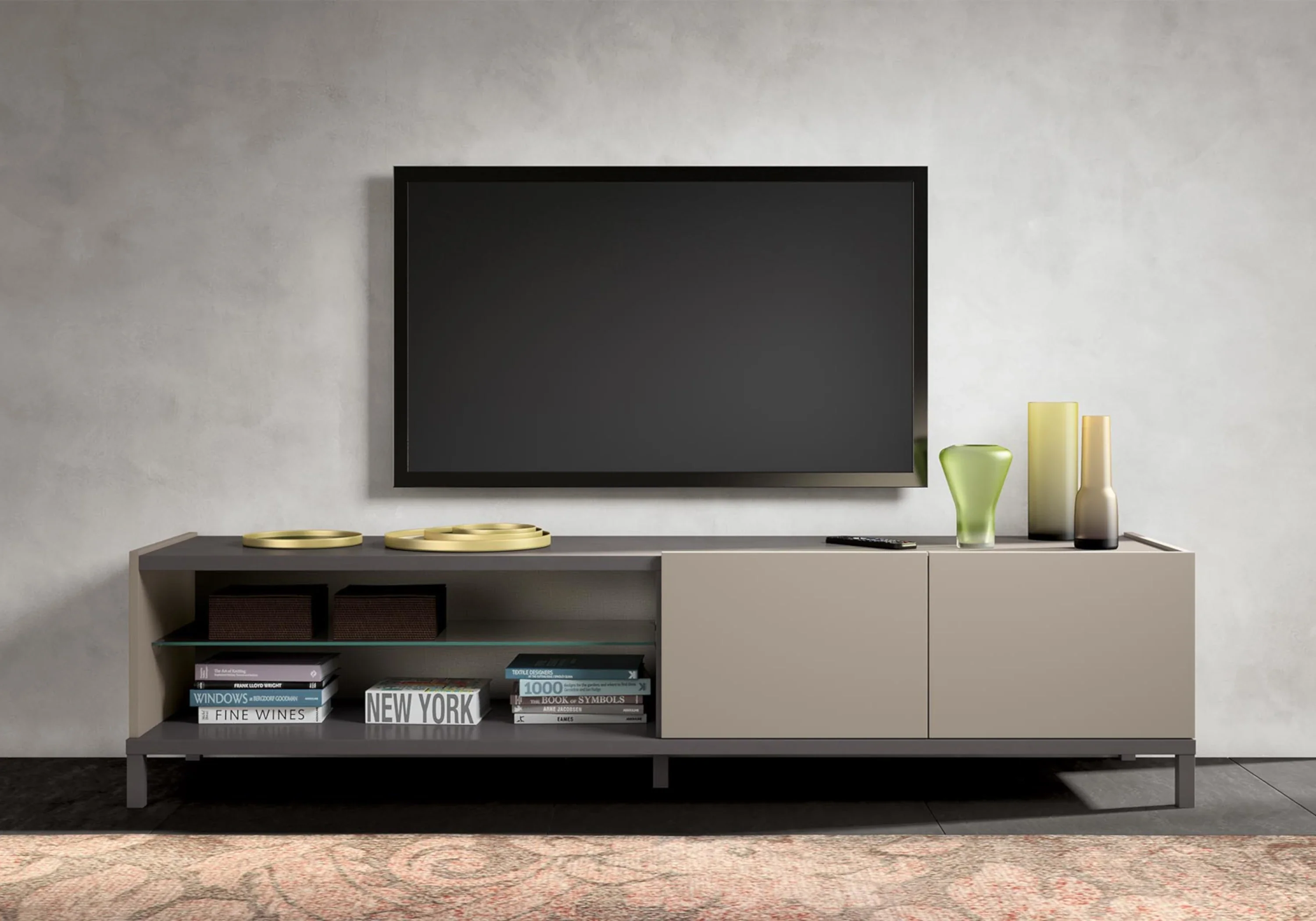 Kali - TV cabinet with 2 doors and marble effect niche