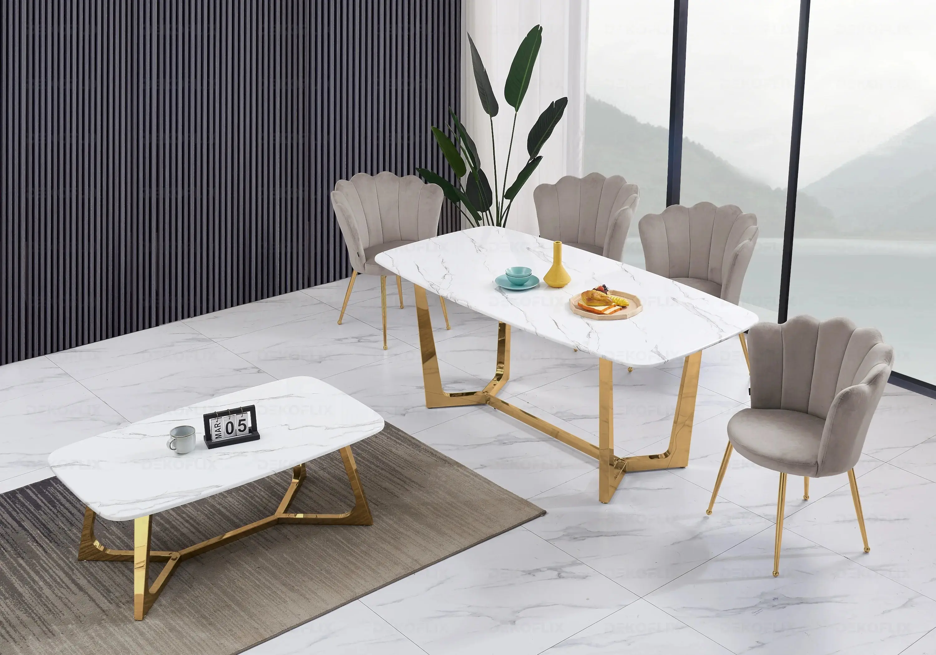 GAYA New Design marble table and moka gold chairs set
