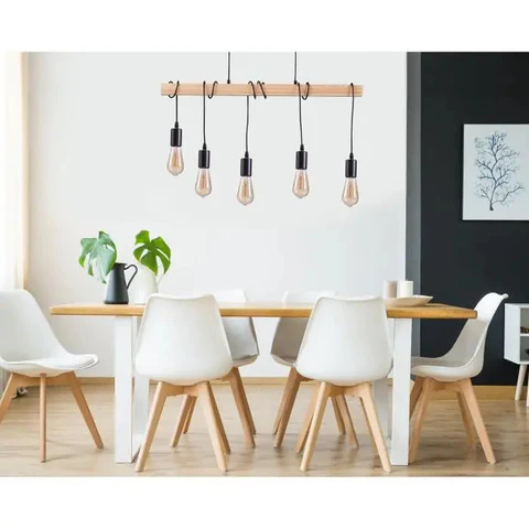 DETROIT Industrial Pendant Lamp with 5 Wooden Heads - 7 x 90 x H150 - Black - E27 40W Decorative Bulbs Supplied